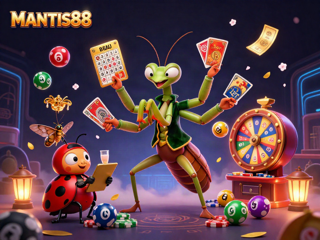 Experience thrilling gameplay with MANTIS88, featuring a giant praying mantis and vibrant casino elements.