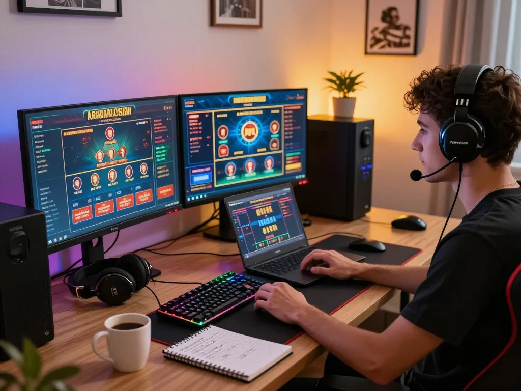 Engaging in online casino gaming with gg88 interface visible on dual monitors.