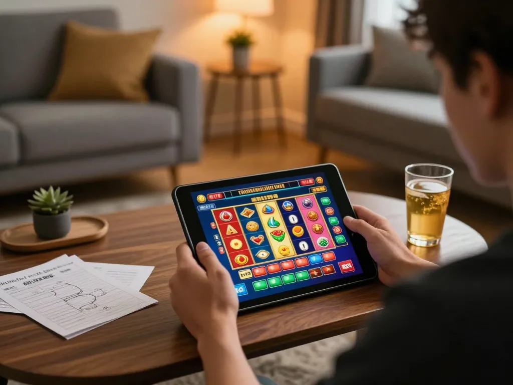 Experience online casino gameplay with vegasslot77 on a tablet in a cozy home setting.