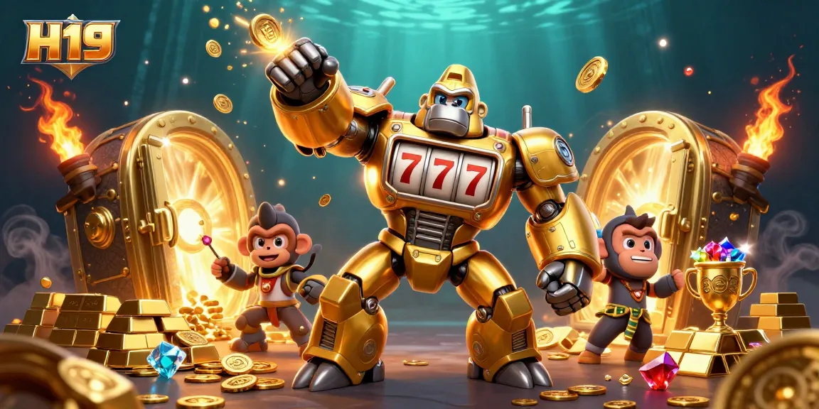 Experience thrilling jackpots with H19 as you watch the iconic golden gorilla mech and coins fly in celebration.