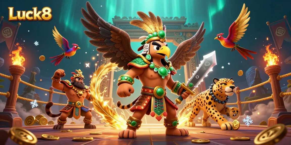 Experience thrilling gameplay at Luck8 with a dynamic 3D scene of warriors among dazzling casino tokens.