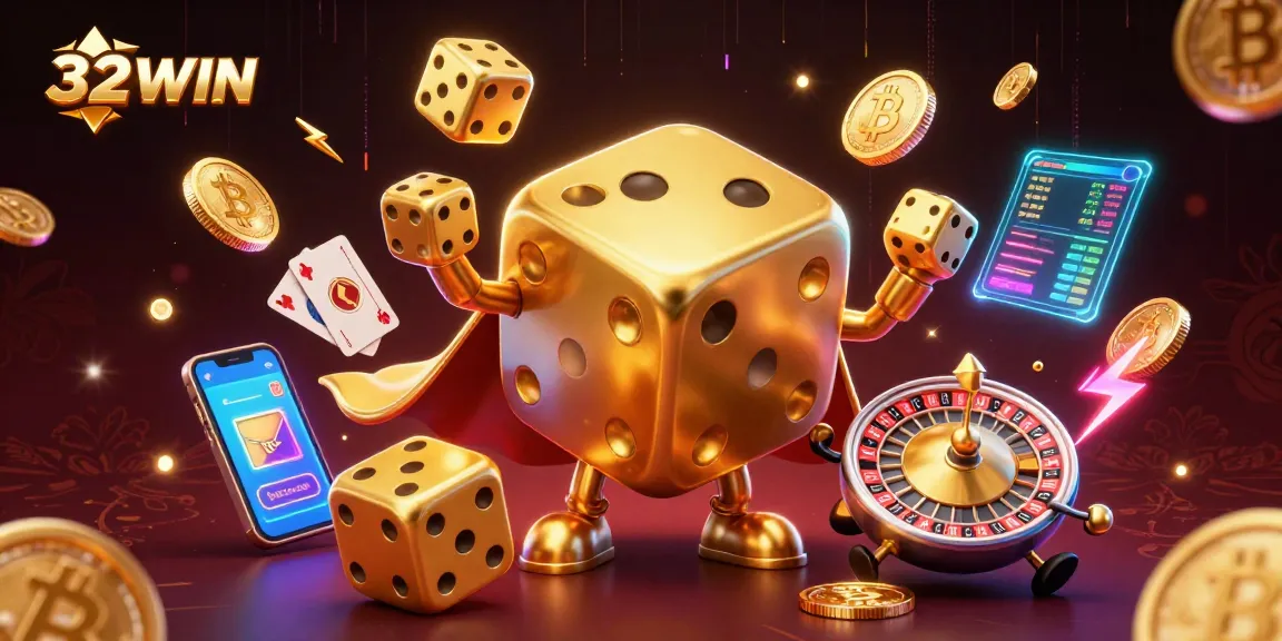 Experience thrilling gaming action with 32WIN's vibrant casino scene showcasing dynamic characters and blockchain elements.
