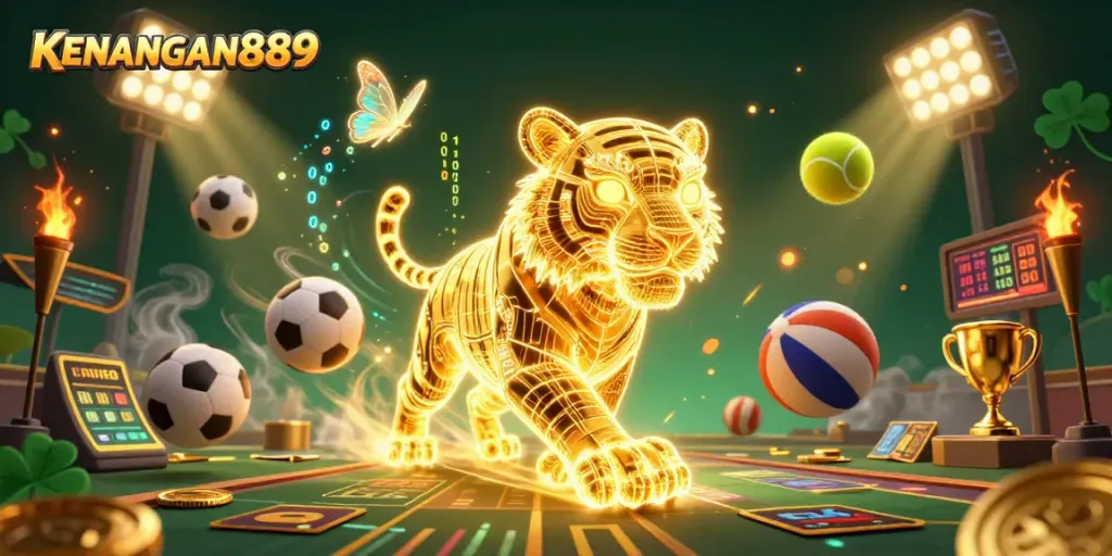 Experience KENANGAN889 through a vibrant digital casino scene filled with dynamic sports elements.