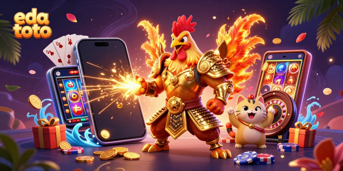 Experience the thrill of eda toto with an action-packed scene featuring a samurai rooster, dragon, and fortune cat amidst a colorful casino backdrop.