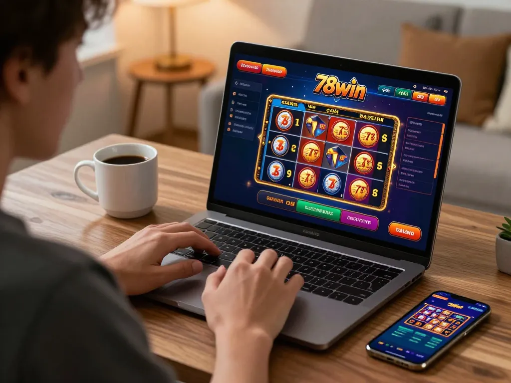 Engaging online gaming experience at 78win with a user examining casino games on a laptop