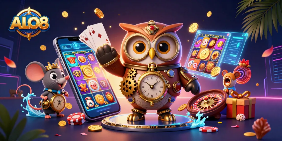 Experience thrilling gaming adventures with ALO8's vibrant casino illustration featuring a time-traveler owl.