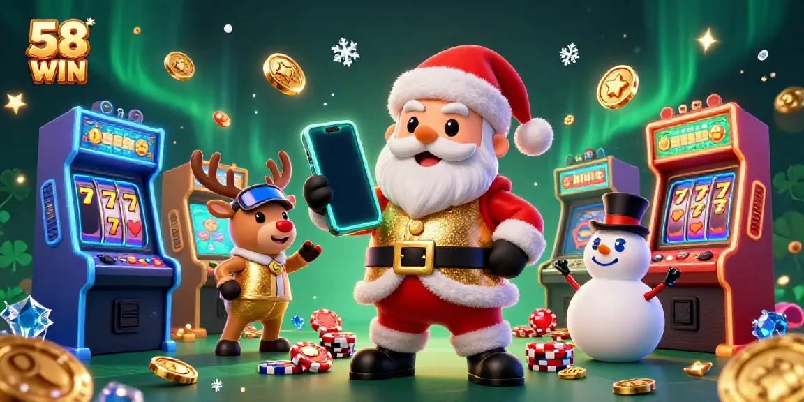 Experience thrilling jackpots at 58 WIN with Santa and friends in a vibrant casino scene.