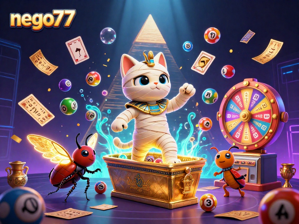 Join the thrilling action at nego77 as a mummy cat bursts from a sarcophagus into a vibrant casino.