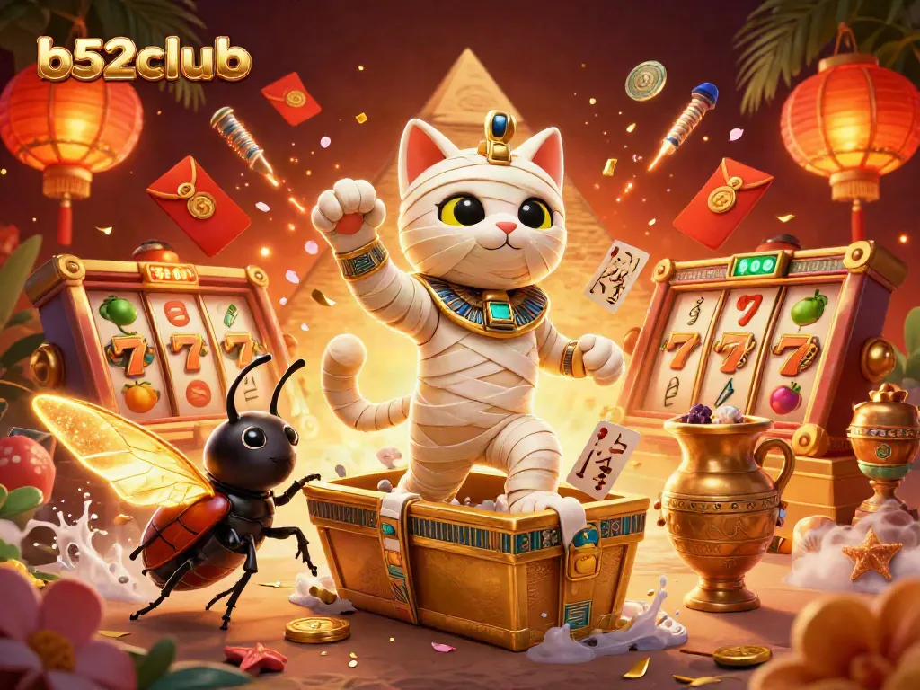 b52clubb presents a thrilling casino scene with an Egyptian mummy cat, showcasing vibrant slot game elements.