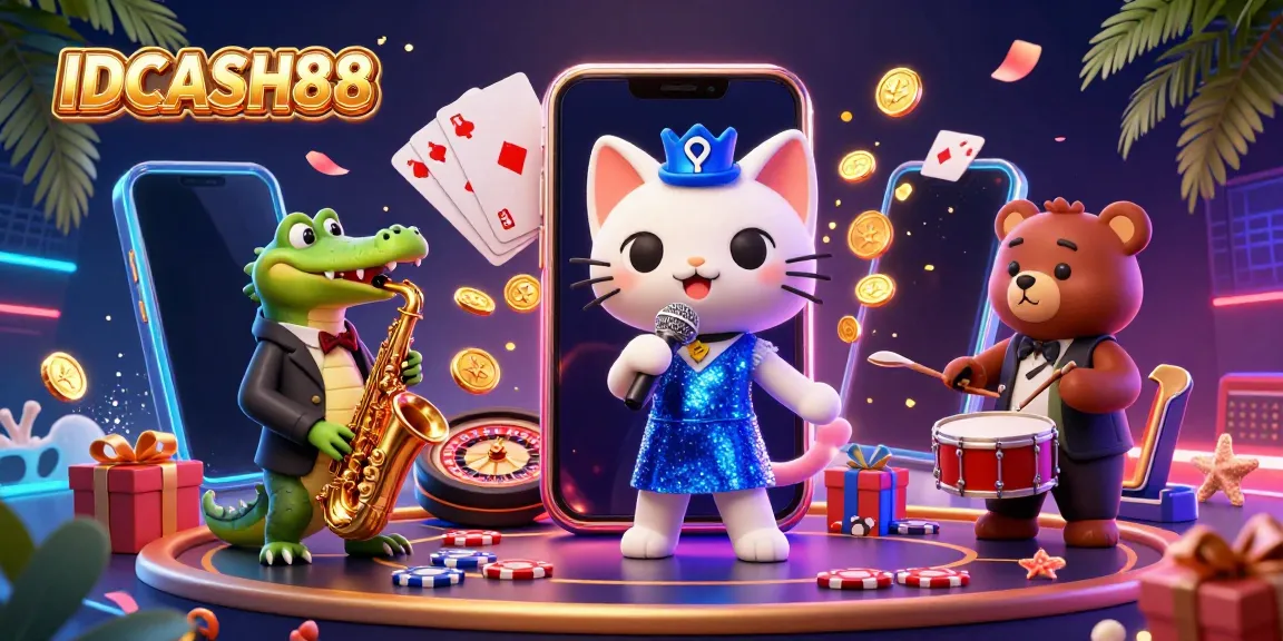 Play and win with IDCASH88 in a vibrant casino scene featuring iconic characters and exciting game elements.