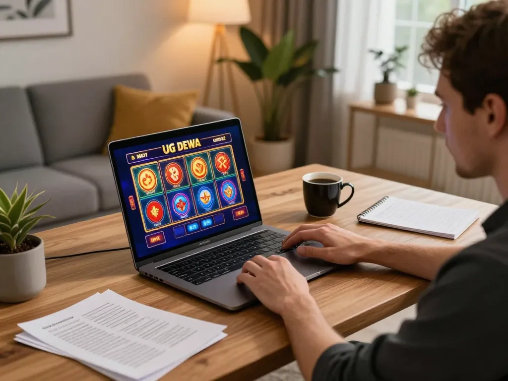 Player enjoying UG DEWA online slots experience in a cozy home setting with warm lighting