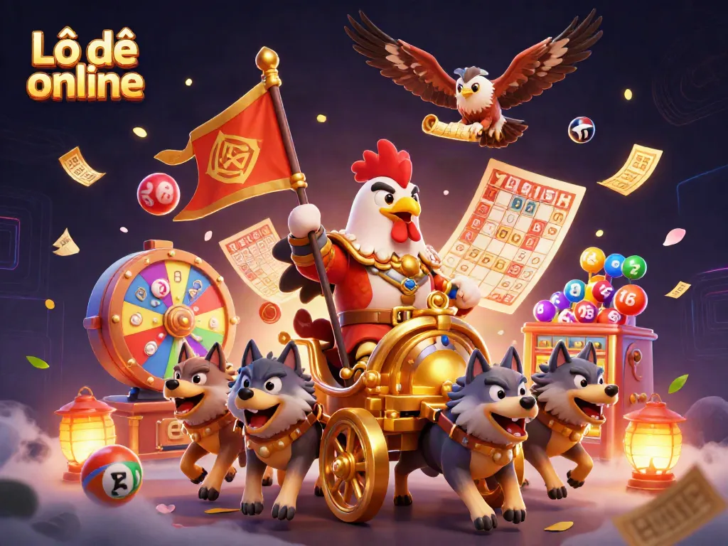 Engage in Lô đề online gaming with a dynamic scene featuring a rooster warlord and lottery elements.