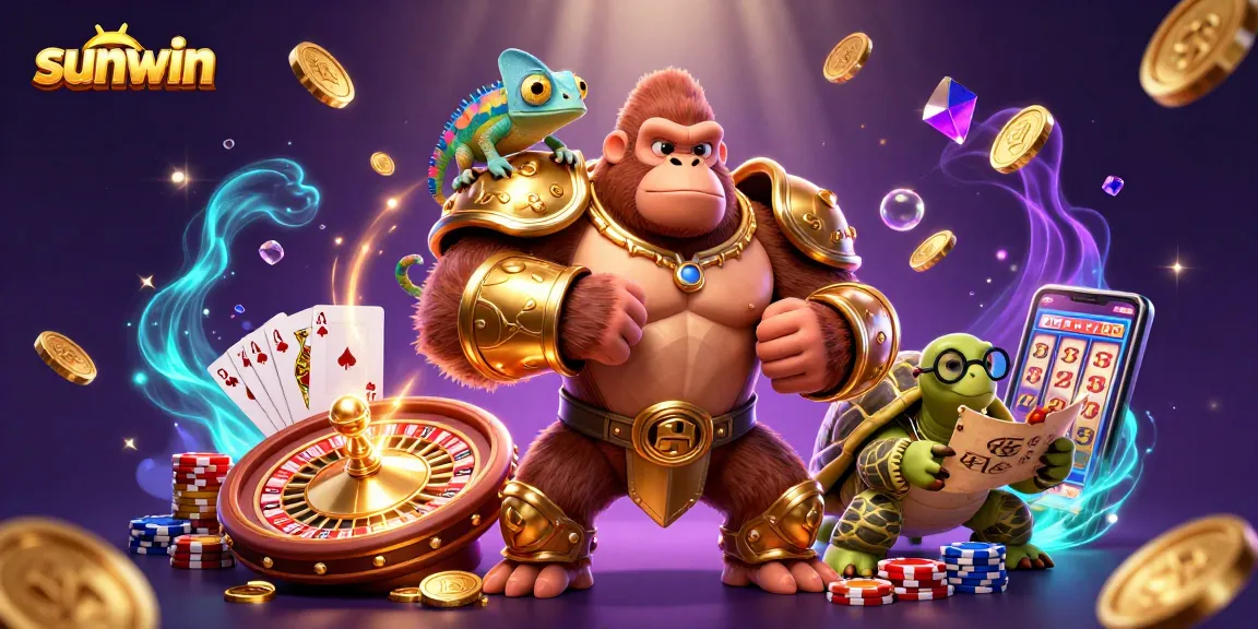 Win big with Sunwin's exciting casino scene featuring vibrant game elements and characters.
