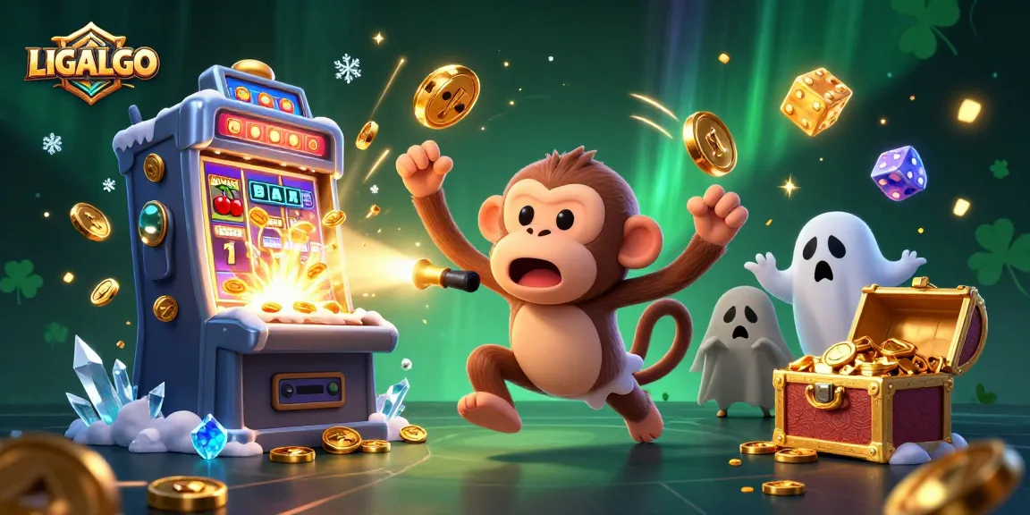 LIGALGO showcases thrilling slots with golden coins and a playful poltergeist monkey in an enchanting casino.