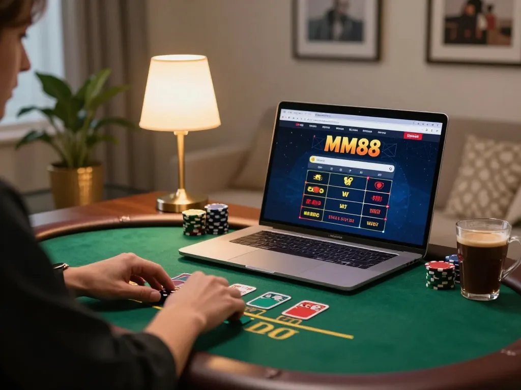 MM88 player focused on live blackjack game, vibrant home setup with laptop and coffee cup.
