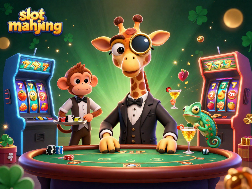 Experience the thrilling excitement of slot mahjong with this vibrant casino illustration showcasing a high-roller giraffe and friends.