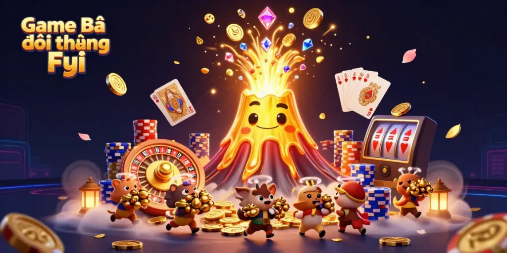 Experience the energetic excitement of Game Bài Đổi Thưởng Fyi with this dynamic 3D illustration showcasing vibrant symbols of luck and fortune.