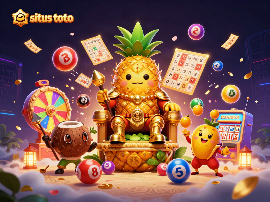 Engage in situs toto with a dynamic scene of a cartoon golden pineapple king and vibrant casino elements.