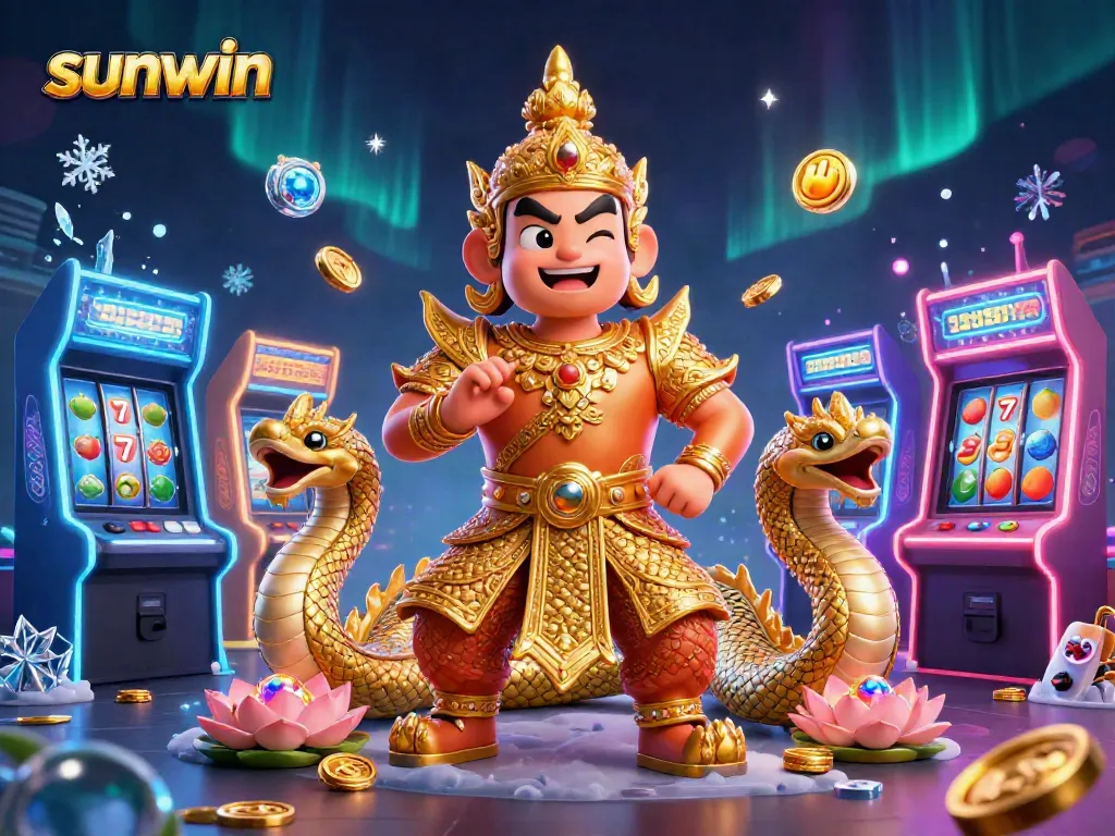 Experience the thrill of winning at sunwin with colorful jackpots and engaging game elements in this vibrant casino scene.