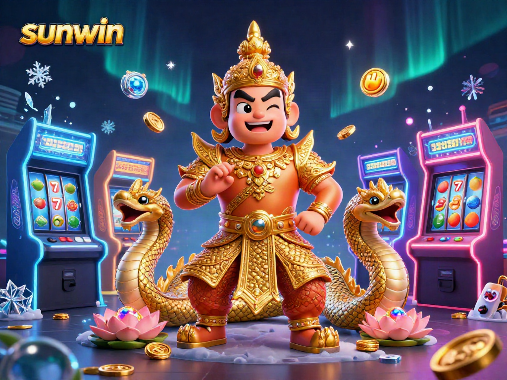 Experience the thrill of winning at sunwin with colorful jackpots and engaging game elements in this vibrant casino scene.