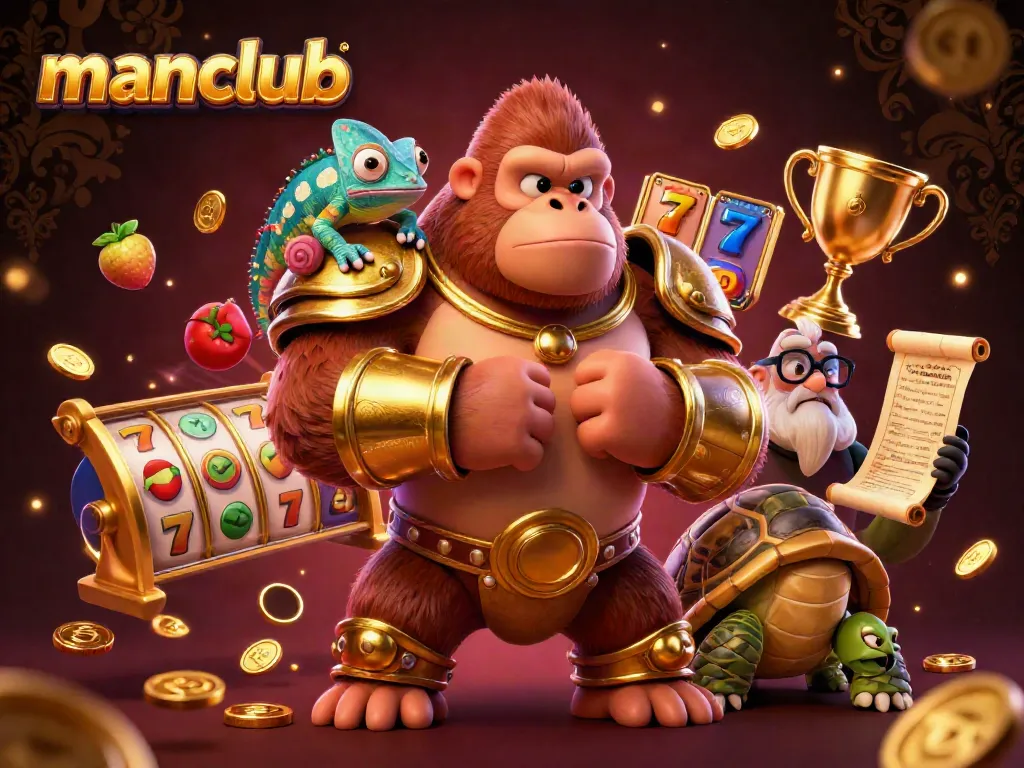 Experience thrilling gameplay at manclub with a gorilla king and chameleon in a vibrant casino scene.