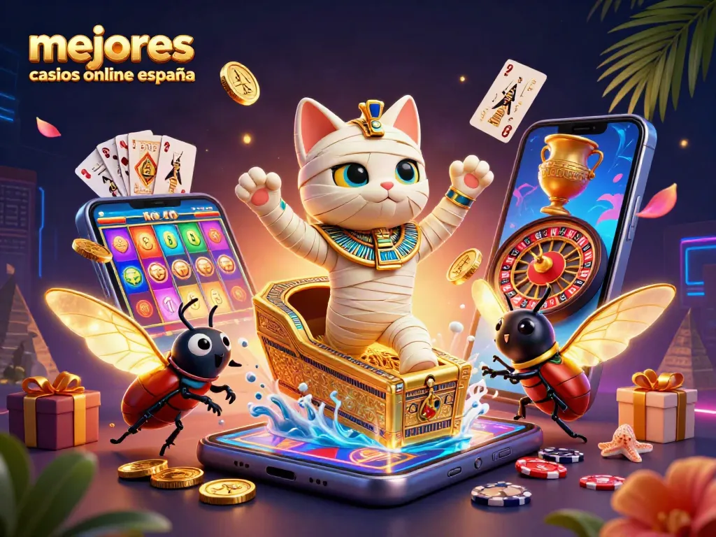 Ilustra los mejores casinos online en España con un gato momificado y elementos de juego vibrantes.