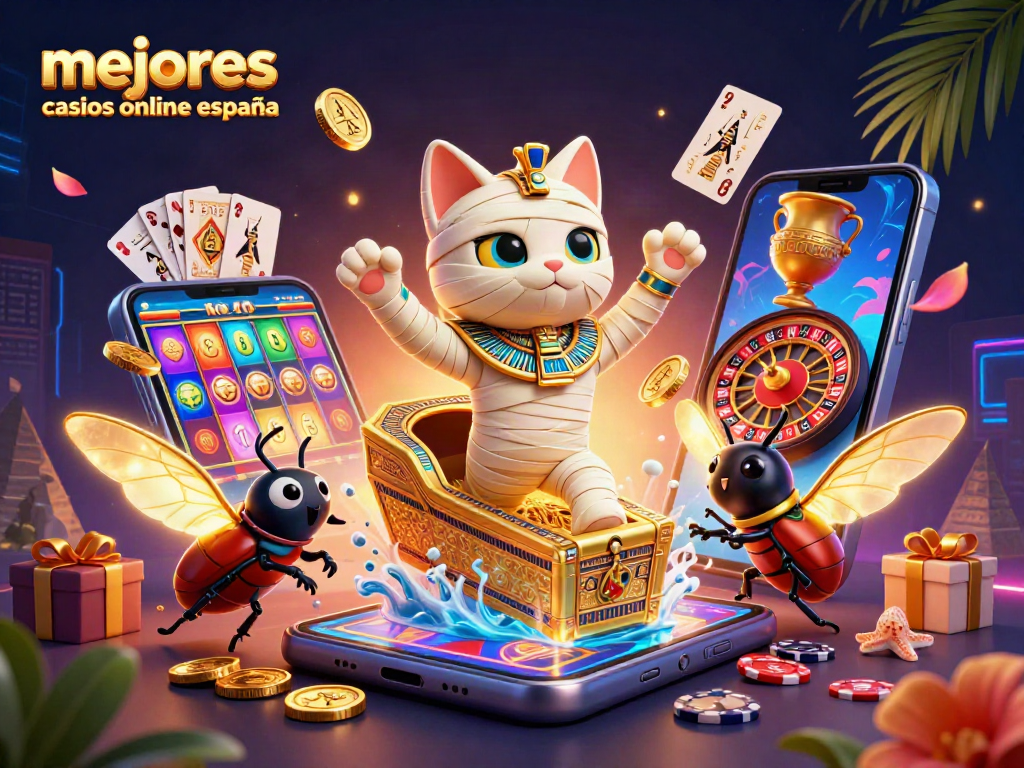 Ilustra los mejores casinos online en España con un gato momificado y elementos de juego vibrantes.