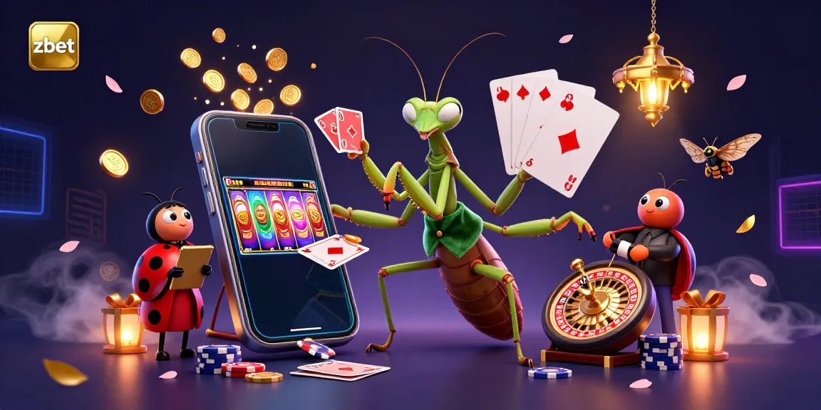 Engage with the vibrant world of zbet, featuring a mantis card sharp and ladybug pit boss amidst an exciting casino scene.