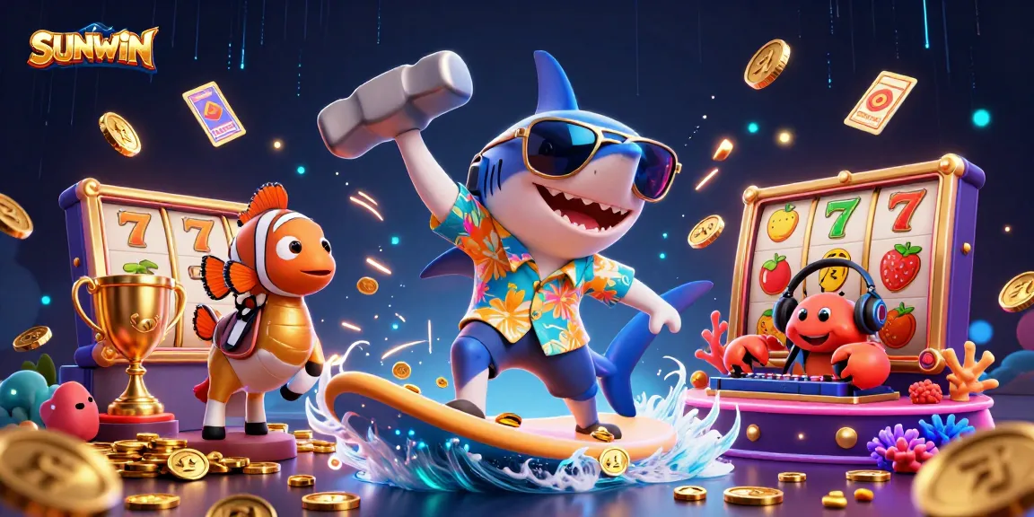 SUNWIN promotes winning strategies with a vibrant casino scene featuring a shark, clownfish, and crab DJ.