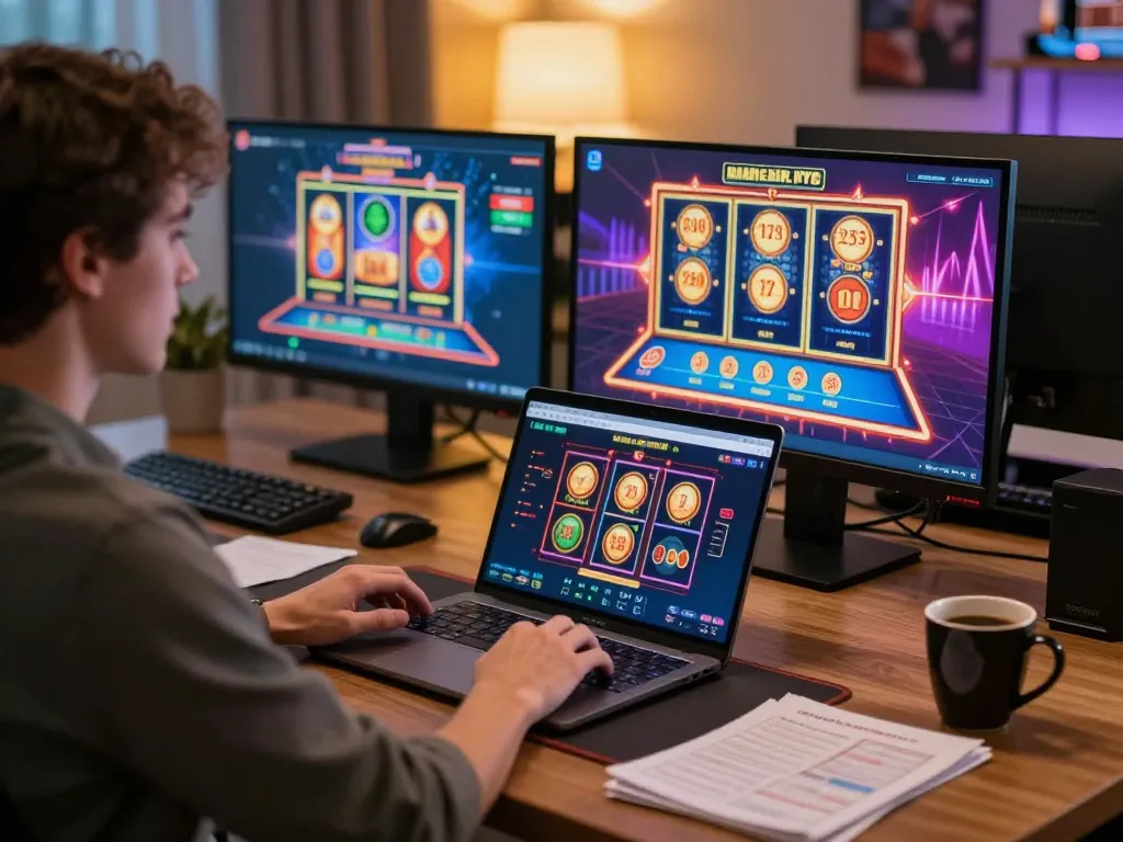 Akun Demo interface on a laptop during intense online gaming session with strategic notes visible