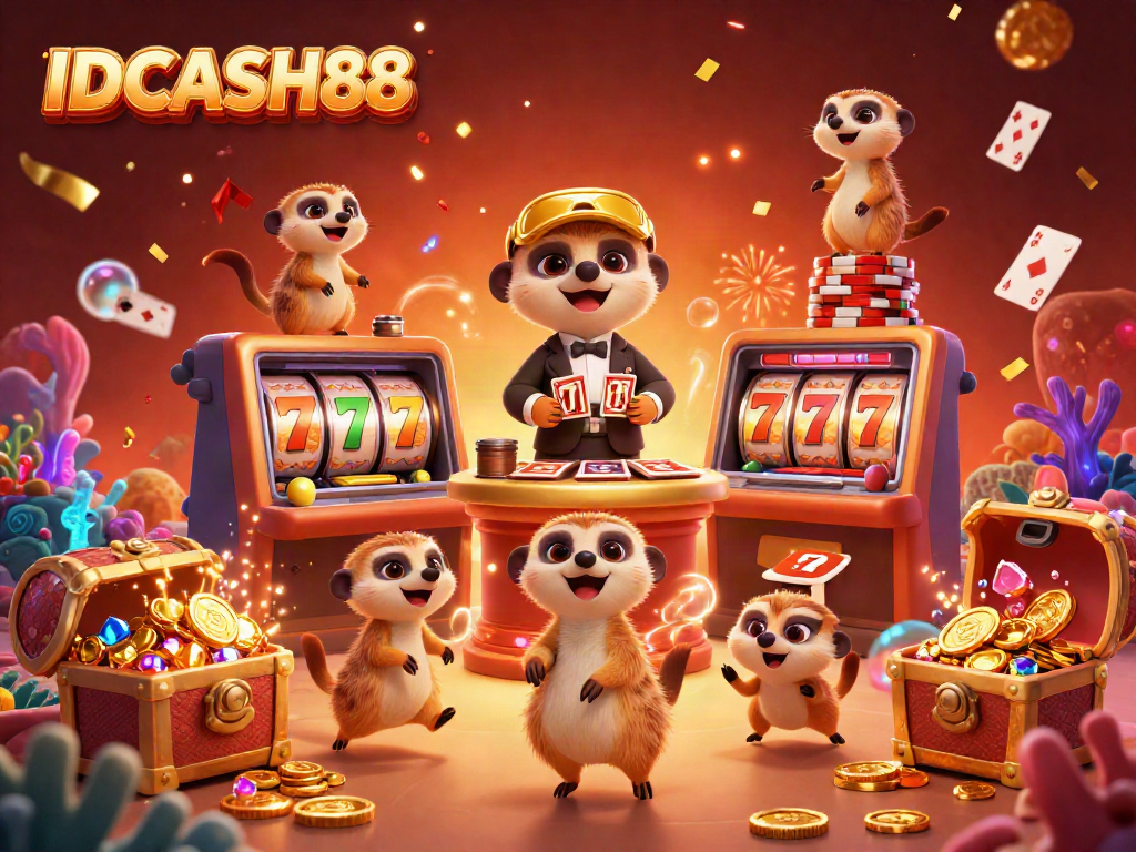 Experience the engaging casino scene at IDCASH88 with animated meerkats running the operations, surrounded by vibrant gaming elements.