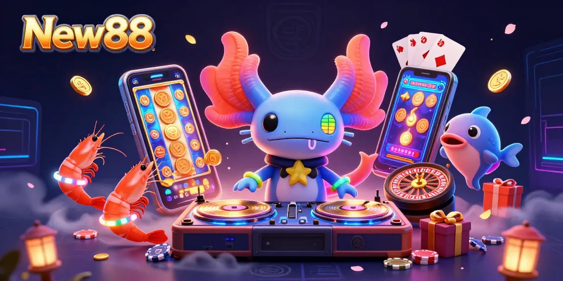 Experience exciting gaming at New88 with vibrant characters, golden coins, and live casino action.