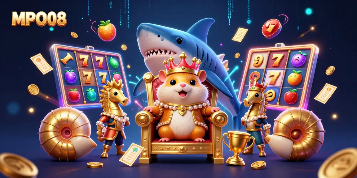 Experience the MPO08 casino adventure with a fierce hamster king in a vibrant slot game scene.