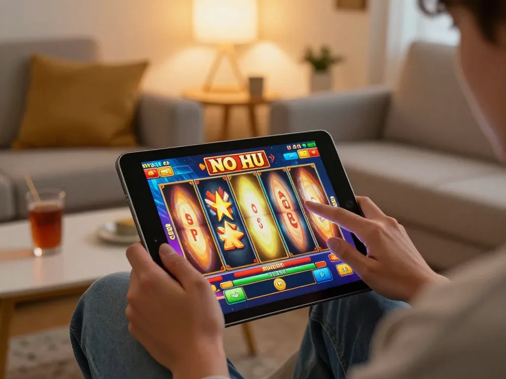 No hu slot game action displayed on tablet screen in cozy home setting, engaging gaming experience details.