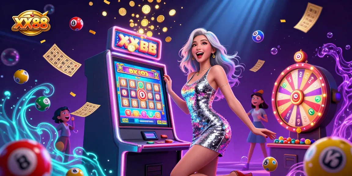 Win big at XX88 with a vibrant 3D casino illustration of a jackpot machine and energetic elements.