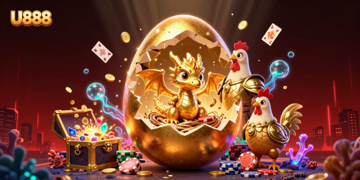 Experience U888's thrilling casino world with a golden dragon and poker chips in this vibrant 3D scene.
