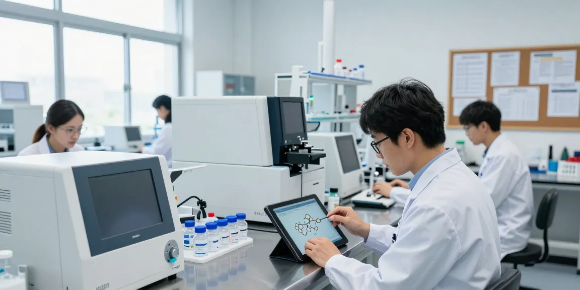 Browse peptides in a modern research lab showcasing scientists and advanced equipment.