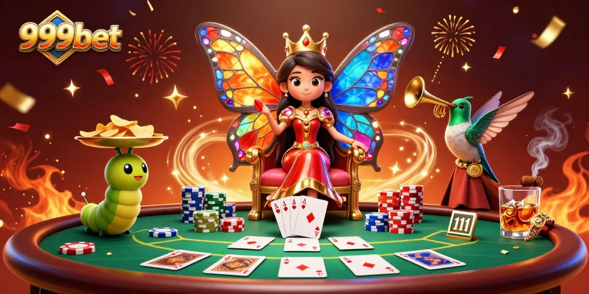 Engage with 999bet's immersive scene of a butterfly queen, poker elements, and festive decor in a dynamic casino setting.