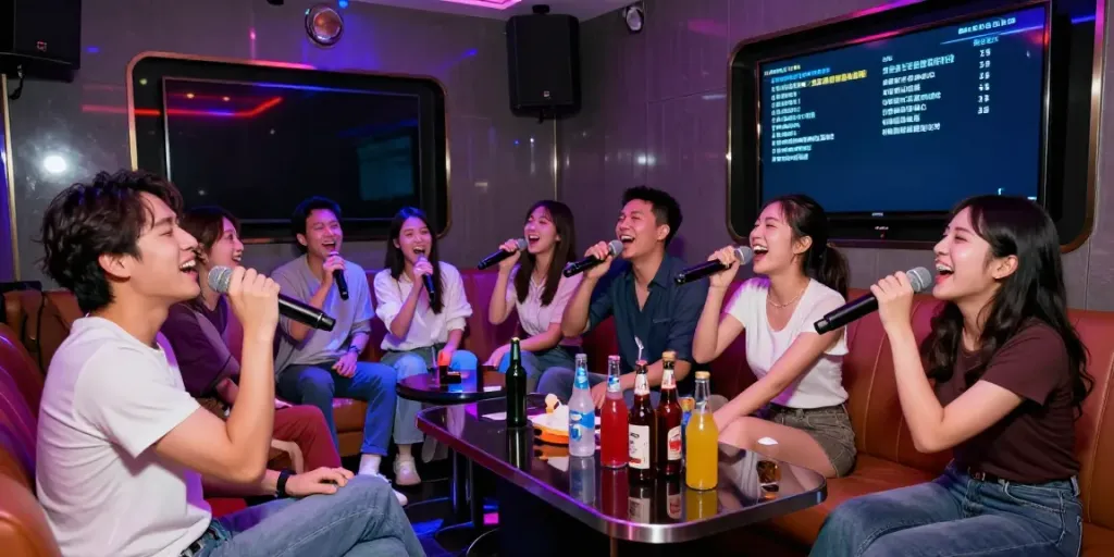 달토에서 즐거운 노래를 부르는 친구들, 화려한 조명과 아늑한 좌석이 있는 장면