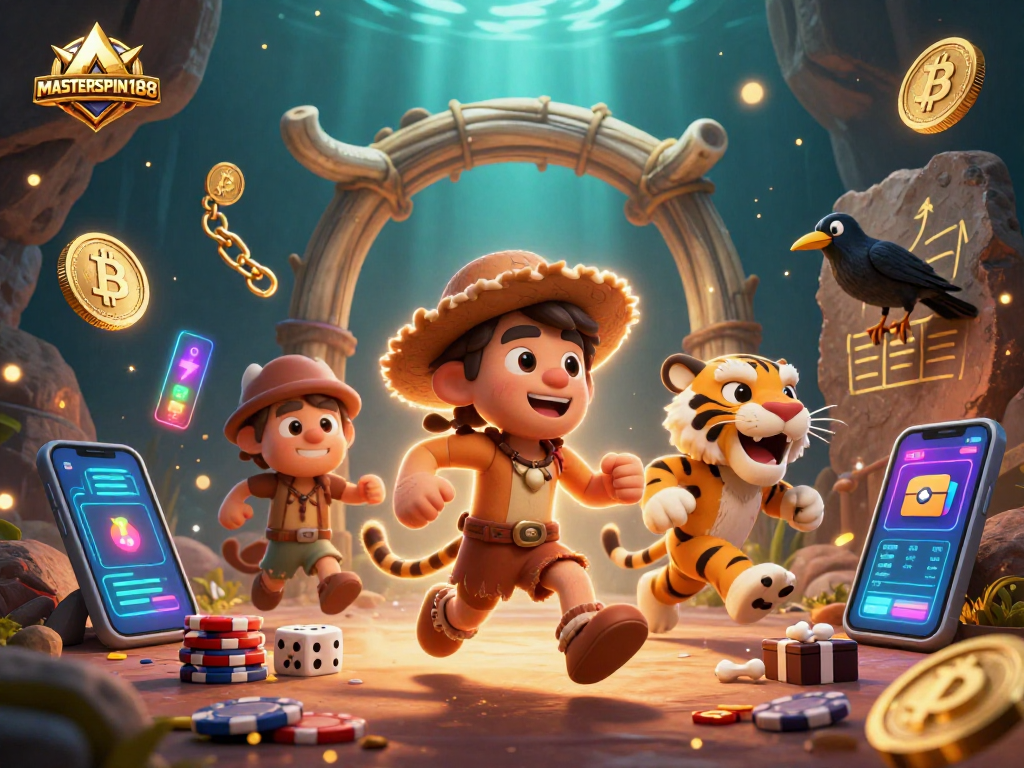 Join the fun at MASTERSPIN188 with a lively prehistoric casino and crypto gaming elements in a vibrant illustration.