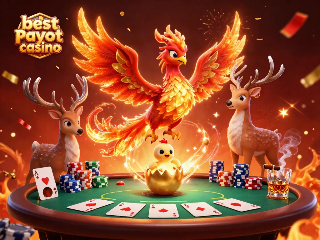 Experience the thrill of the best payout casino with vibrant 3D illustration featuring a phoenix and poker elements.