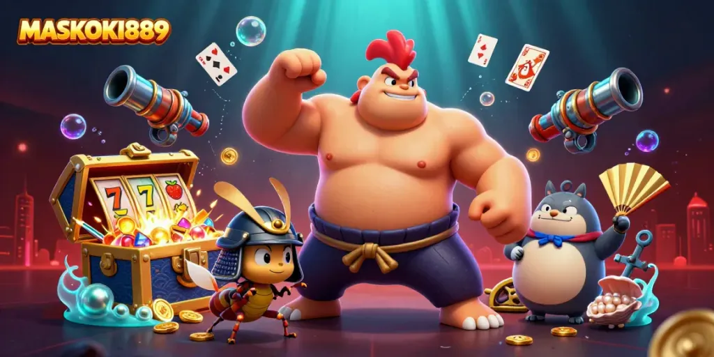 Experience MASKOKI889 with a powerful sumo rooster amidst vibrant casino elements.