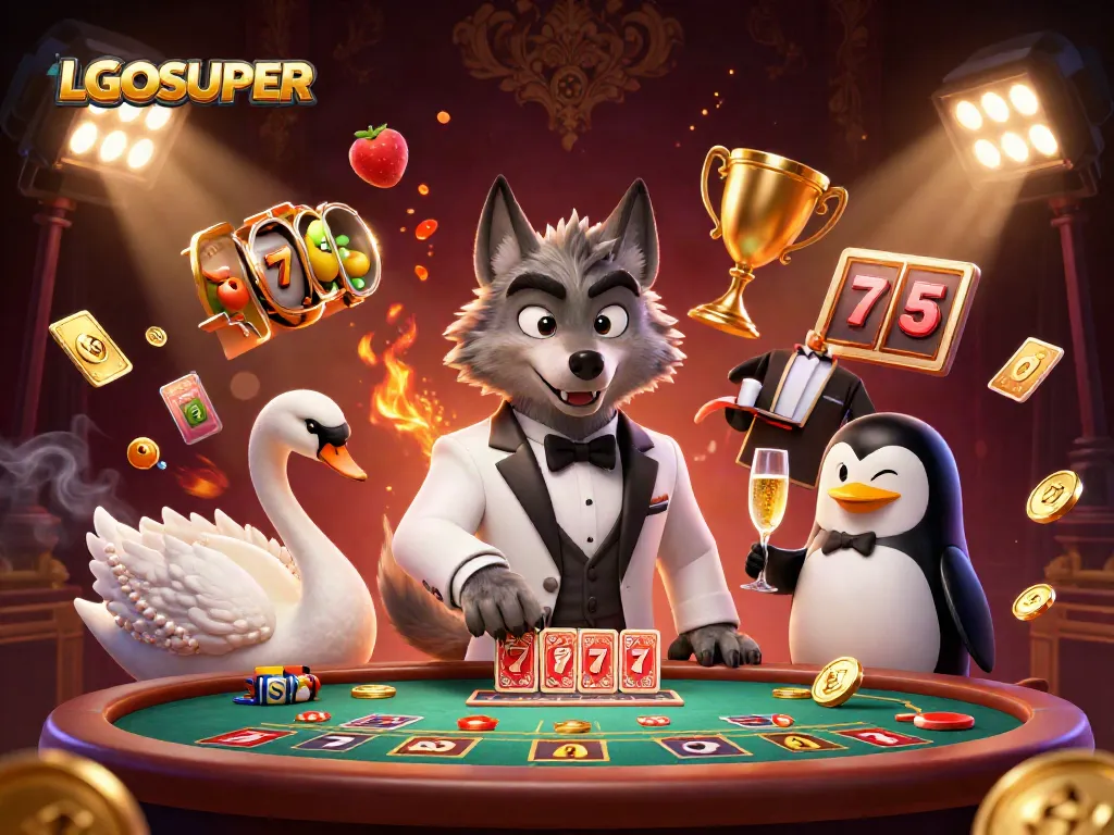 Engage with the thrilling LGOSUPER casino experience featuring a debonair wolf at the baccarat table.