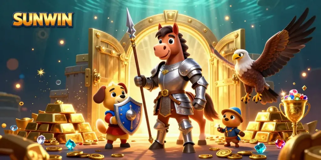 SUNWIN's dazzling treasure vault scene featuring a knight, squire, and falcon amidst gems and gold.