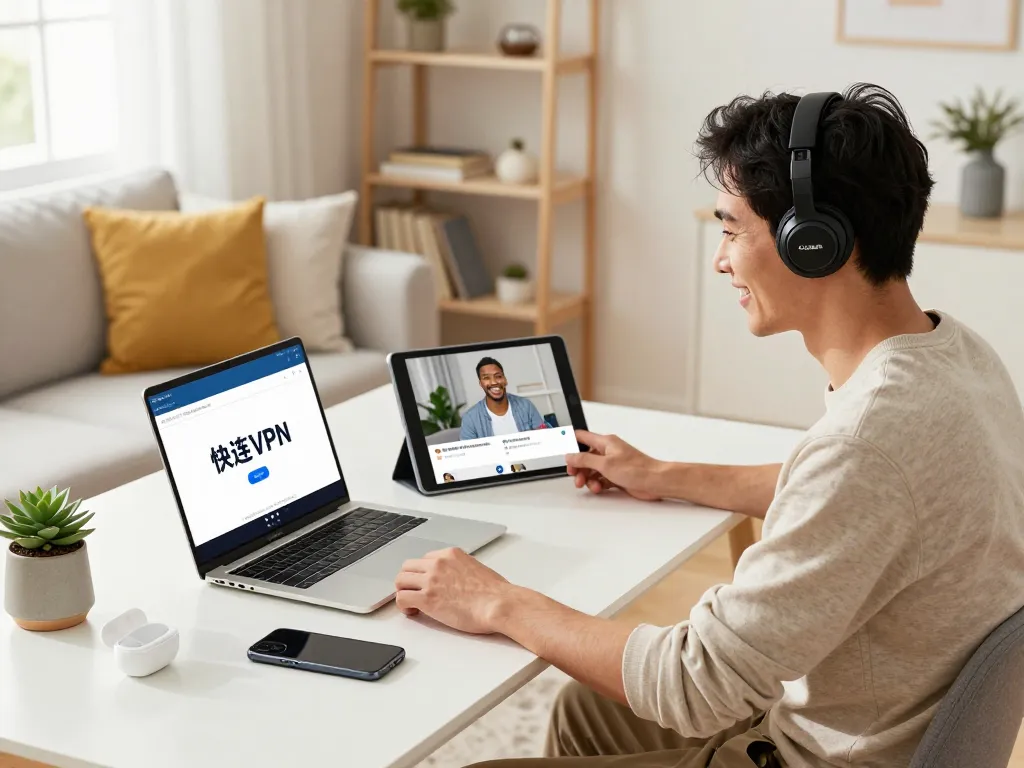 Enjoy seamless online streaming with 快连 VPN in a vibrant home office setup.