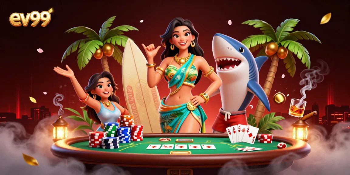 Join the excitement at ev99 with a vibrant casino scene featuring poker elements and a playful beach theme.