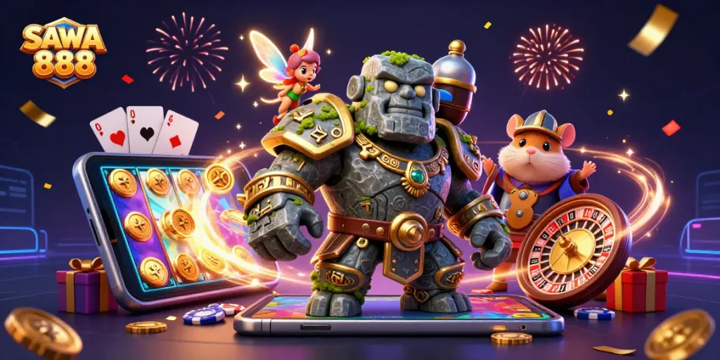 Spin the reels at SAWA 888 casino, featuring a vibrant, magical 3D scene filled with gaming elements.