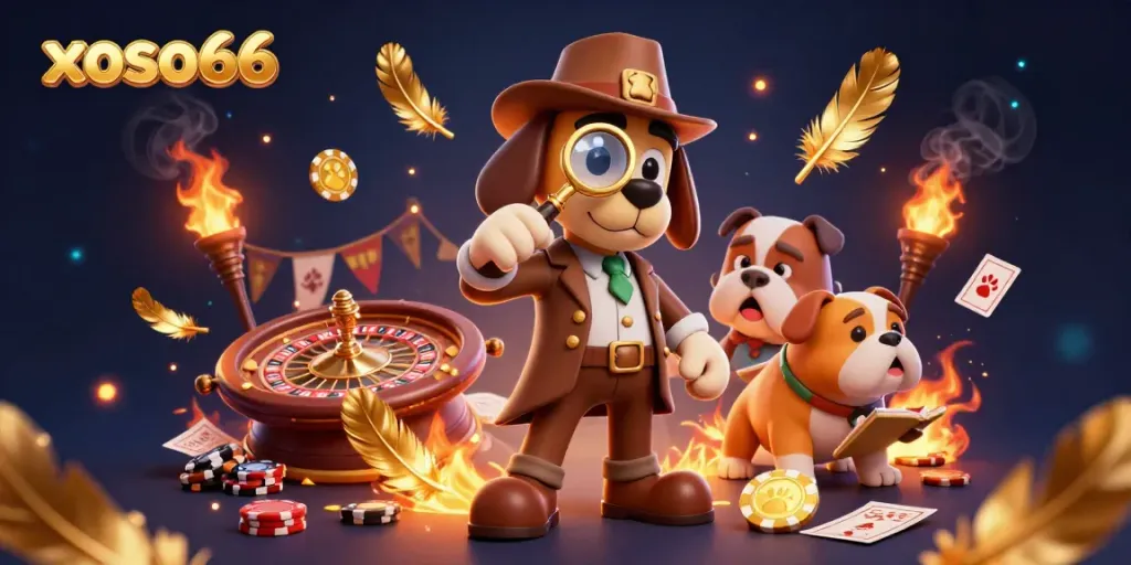 Experience the thrilling world of xoso66 with cartoon detective characters uncovering treasure in a vibrant casino scene.