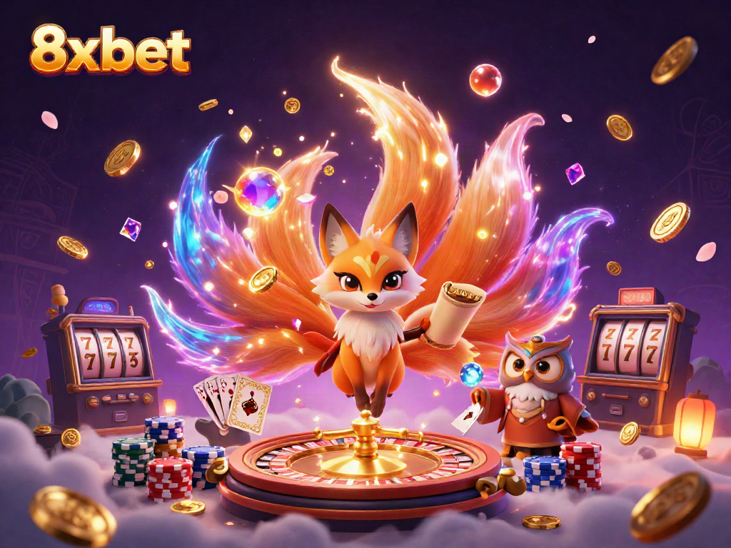 Experience thrilling gameplay with 8xbet featuring a vibrant cartoon fox, owl sage, and dynamic casino elements.