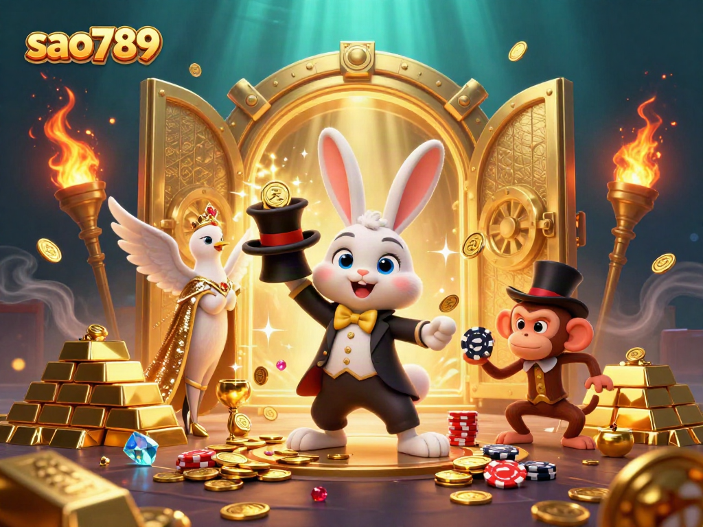 Experience the thrill of sao789 with a cartoon magician rabbit and dazzling casino elements in a magical scene.